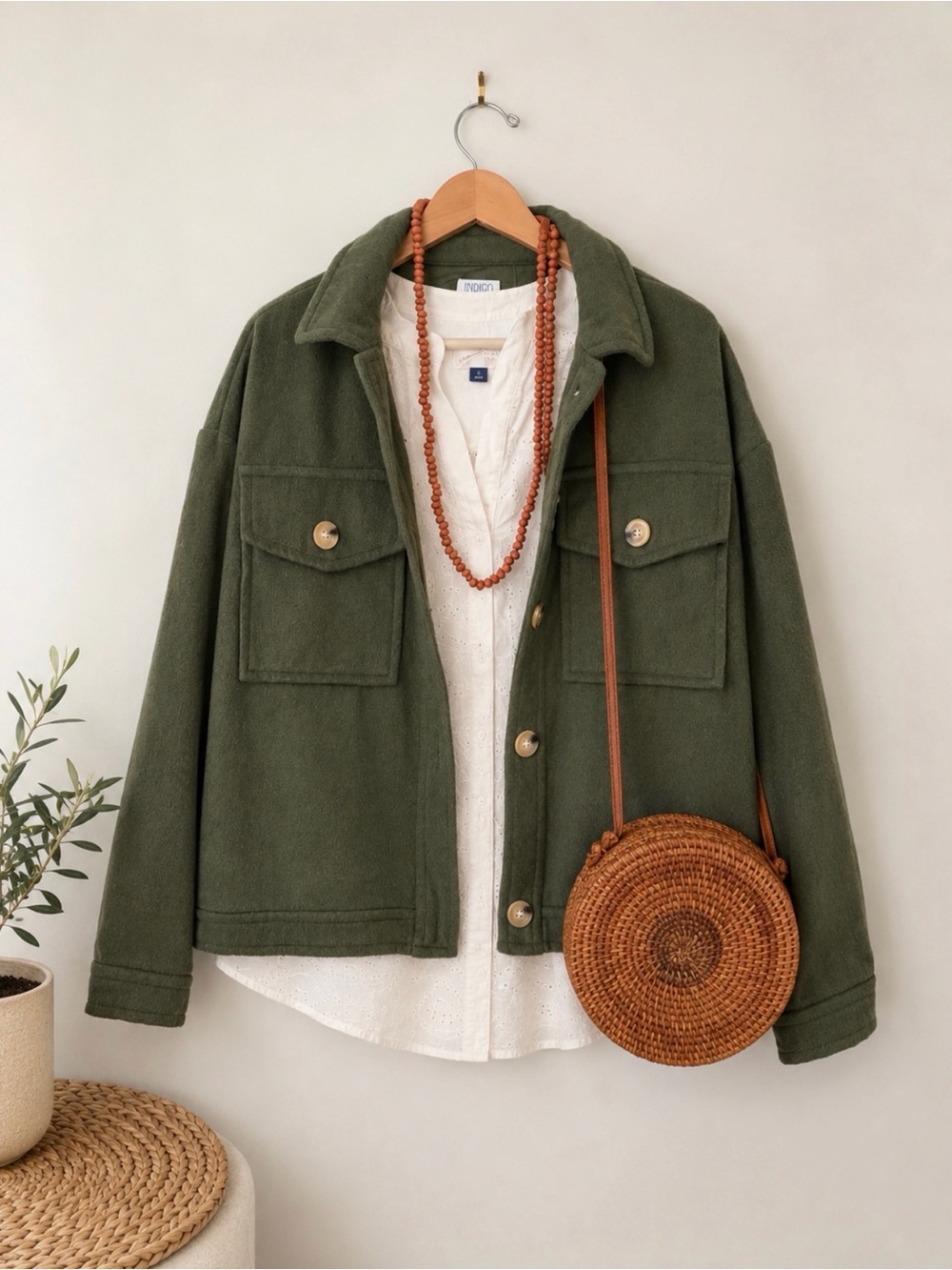 4 Piece Bundle | Oversized Olive Jacket | Blouse | Basket Purse | Necklace